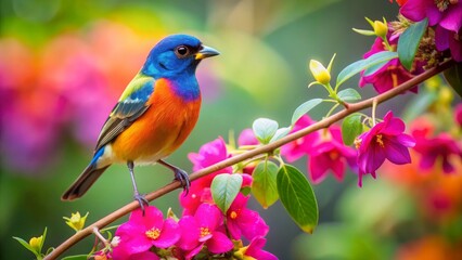 Obraz premium Vibrant feathered creature perched delicately on a flowering branch, showcasing its brilliant plumage against a backdrop of lush blossoms.