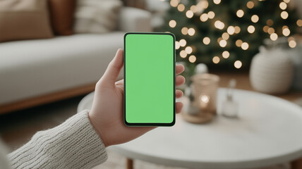 person holding smartphone with green screen in cozy living room decorated for holidays. background features Christmas tree and soft furnishings, creating warm atmosphere