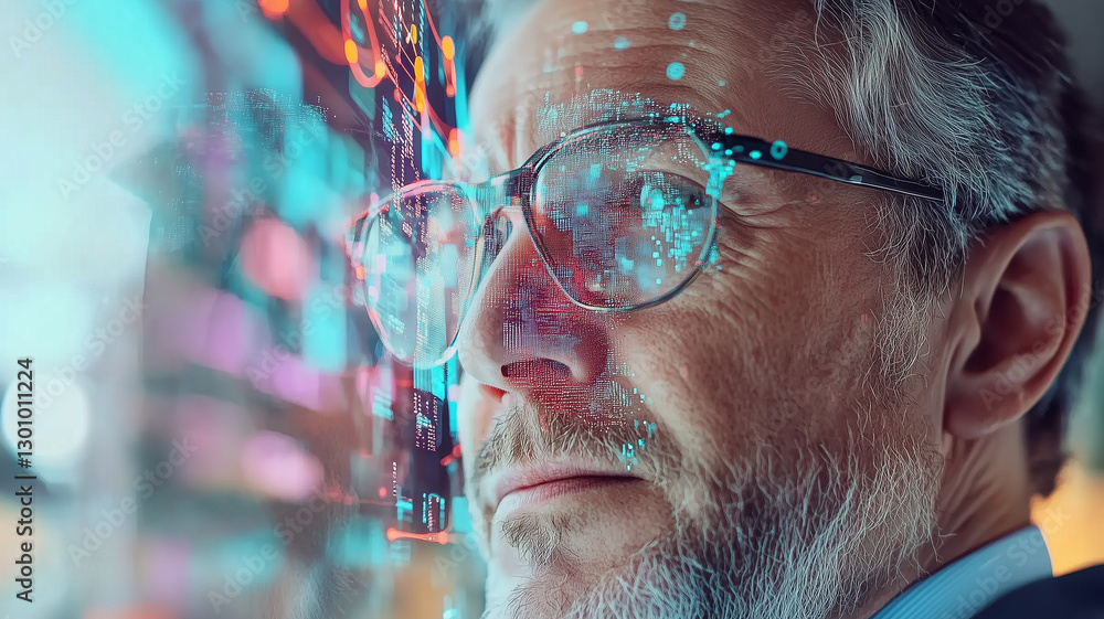 Aufkleber thoughtful man with glasses gazes at digital data projections, reflecting on technology and innovati