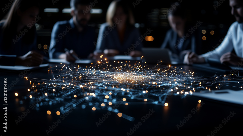 Poster group of professionals collaborates around table, with digital network visualization glowing in cent