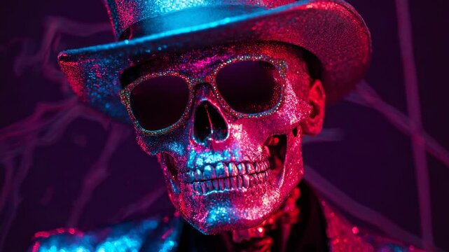 Glittering skeleton wearing sunglasses and top hat
