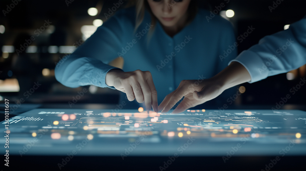 Aufkleber woman interacts with digital touchscreen, analyzing data and technology. scene conveys sense of inno
