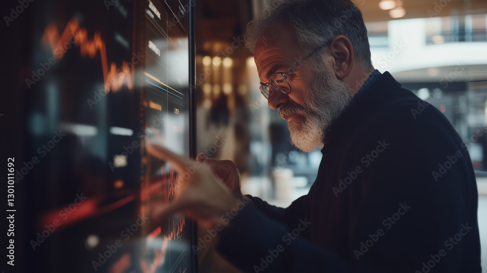 Poster focused man analyzing financial data on digital screen, showcasing trends and statistics. his though