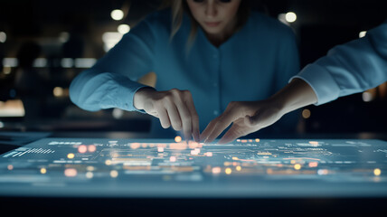 woman interacts with digital touchscreen, analyzing data and technology. scene conveys sense of innovation and collaboration in modern workspace