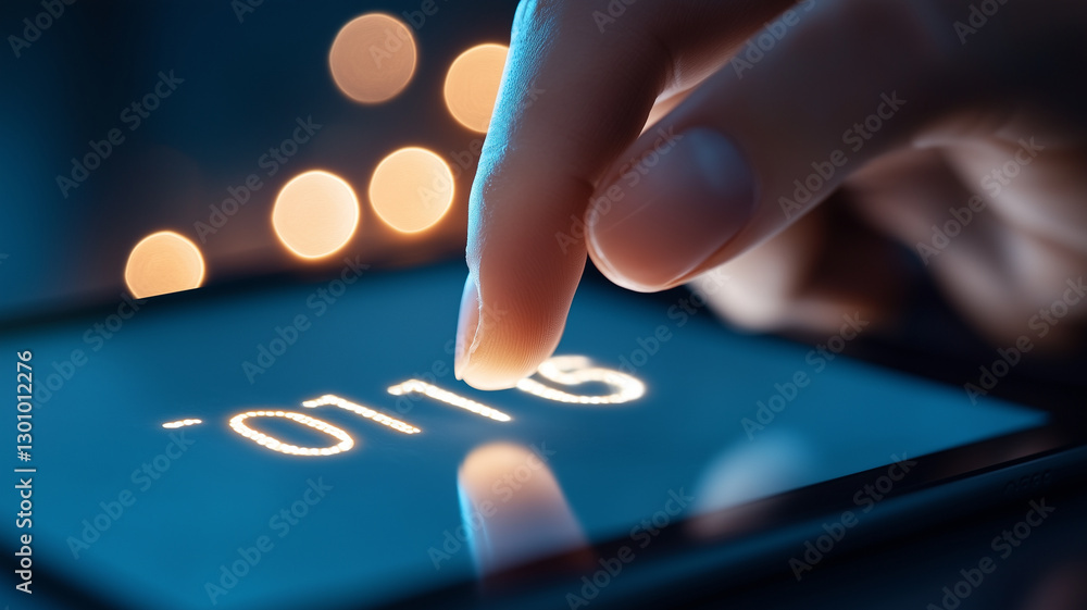 Aufkleber close up of finger tapping digital screen displaying numbers, with blurred background of soft lights