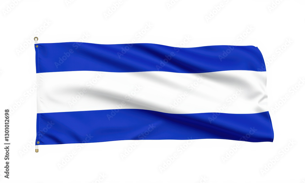 Poster blue and white flag waving in wind, symbolizing unity and pride. design features horizontal stripes,