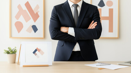 professional man in suit stands confidently with arms crossed in modern office setting, featuring abstract art on walls and desk with plant and stationery