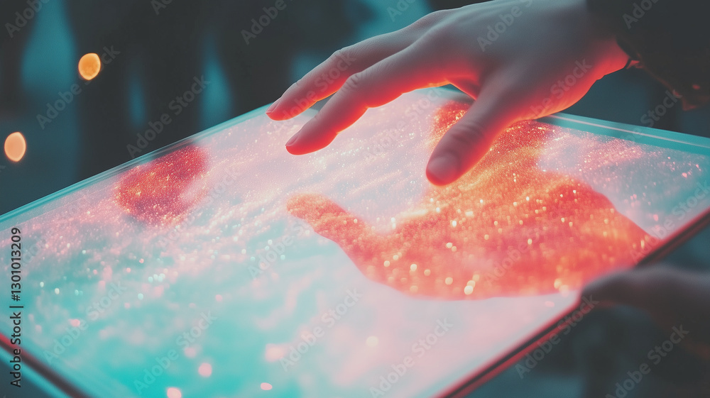 Poster hand touching glowing tablet with colorful sparkles, showcasing technology and innovation in modern 
