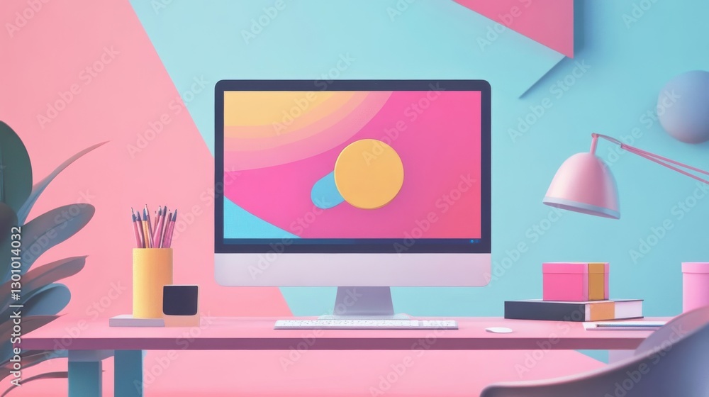 Poster a minimalist desk setup with colorful computer and accessories