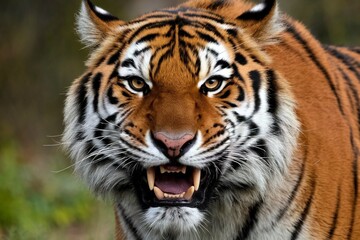 Fototapeta premium A close-up of an angry tiger face looking at the camera