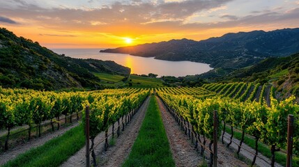 Naklejka premium Sunset Over Vineyard and Lake with Lush Green Grapevines