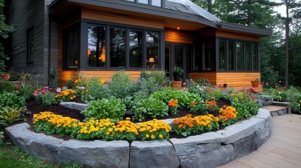 Fototapeta premium Beautiful Home Garden with Colorful Flowers and Lush Greenery
