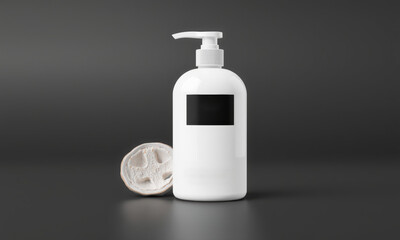 clean white soap bottle mockup with blank label beside coconut half, perfect for showcasing personal care products