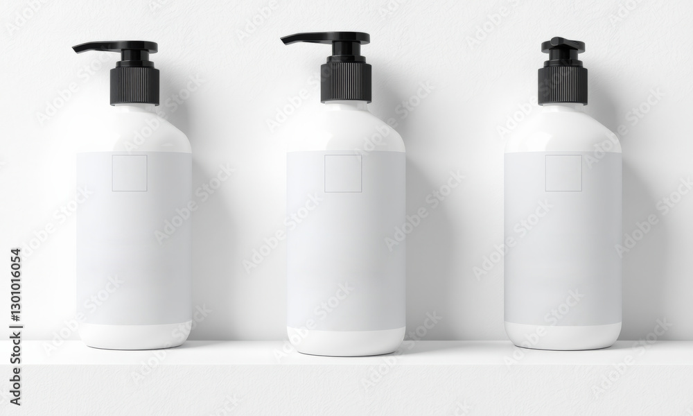 Poster three minimalist soap bottles on shelf with clean design, perfect for showcasing product branding or