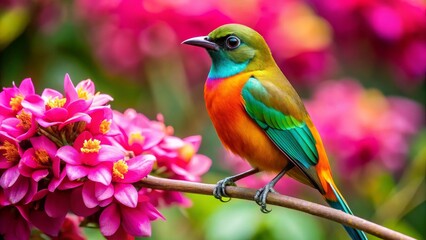 Vibrant Avian Amidst a Tapestry of Blossoms, a Jewel-Toned Bird Perched Gracefully on a Branch Adorned with Vivid Pink Flowers