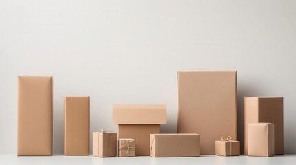 Set of small, medium, and large packages arranged aesthetically on a white background