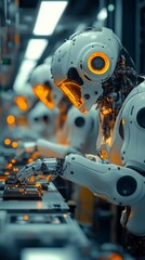 Fototapeta premium In a sophisticated assembly line, advanced robots are carefully assembling various smartphone parts with precision. This high-tech environment showcases automation in manufacturing