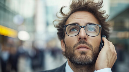Obraz premium man with curly hair and glasses looks up thoughtfully while talking on smartphone in busy urban environment. His expression conveys curiosity and contemplation