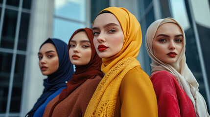 Fototapeta premium Four women wearing colorful hijabs, showcasing diverse styles and expressions
