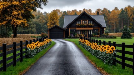 Fototapeta premium Charming Country House Surrounded by Sunflowers and Autumn Colors