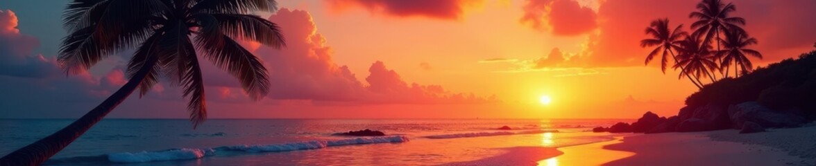 Serene beach; palm tree silhouette, vibrant sunset sky, calm, scene, photo