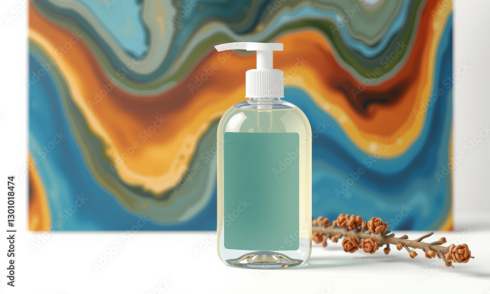 Poster clear soap bottle mockup with blank label, set against abstract colorful background. design features