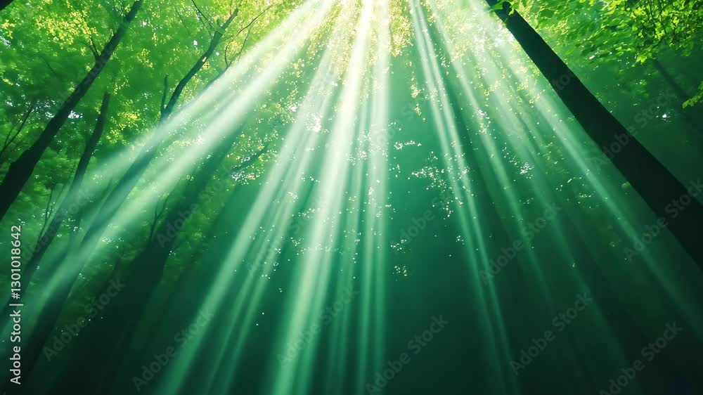Aufkleber sunlight filtering through forest canopy creating ethereal underwater illusion with green light rays