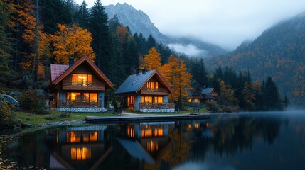Tranquil Lakefront Cabins Surrounded by Autumn Foliage and Mountains