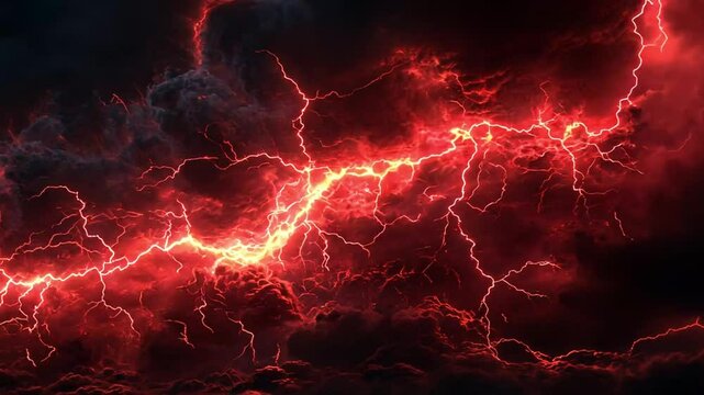 A dramatic depiction of red lightning illuminating dark stormy clouds footage