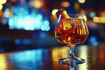 Elegant cocktail glass with amber liquor and ice cubes, garnished with a strawberry, sitting on a reflective bar top with a blurred background of city lights and bokeh.