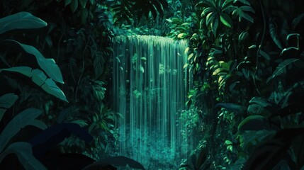 Waterfall Cascading Through Lush Green Jungle Vegetation with Tropical Plants