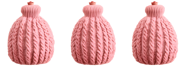 3 hot water bottles, each with a pink knitted cover in different styles, against a transparent background, in PNG file format