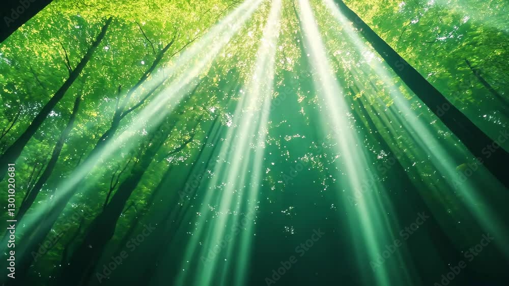 Poster sunlight filtering through forest canopy creating ethereal underwater illusion with green light rays