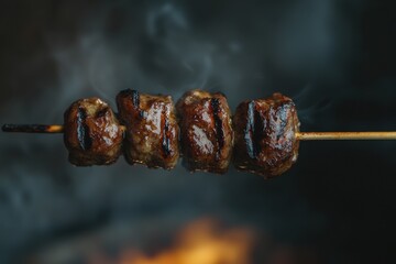 Grilled meat skewers sizzling with smoky flavor, presented against a dark backdrop with embers, capturing the essence of outdoor cooking and barbecue.