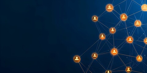 Influencer marketing concept. Digital network with interconnected user icons on a dark background.