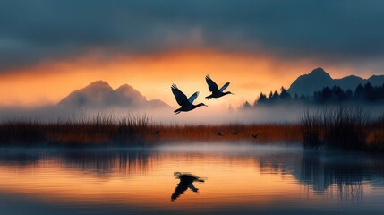Obraz premium Serene Sunrise with Birds Flying Over Calm Reflective Water