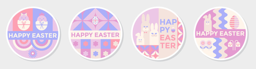 Happy Easter Geometric Abstract stickers set. Easter eggs, bunnies, flowers. Modern Festive vector greeting colorful round stickers with abstract Easter icons.