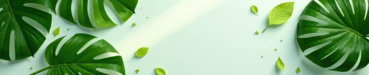 lush green leaves scattered on a neutral surface, abstract background, tropical