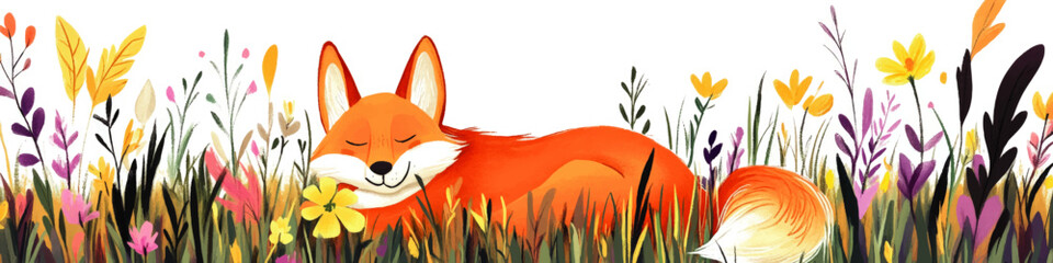 Charming Cartoon Red Fox Sleeping in Vibrant Wildflower Meadow - Illustration of Colorful Floral Nature Scene with Cute Animal for Children's Art and Decor