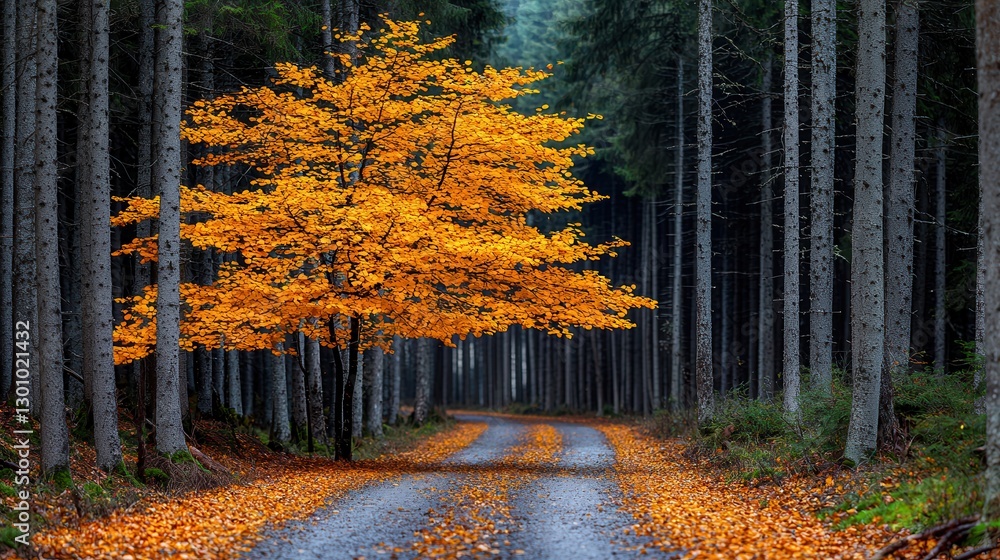 Poster vibrant autumn tree along serene path in a tranquil forest setting