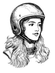 Vector engraved illustration depicting a young woman wearing a motorcycle helmet with flowing hair