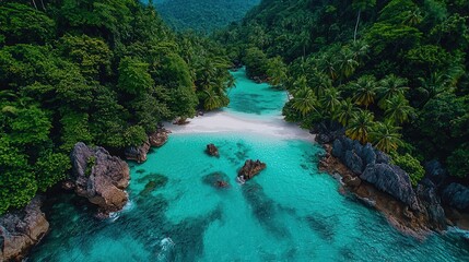 Fototapeta premium Serene Aerial View of Tropical Beach Surrounded by Lush Greenery