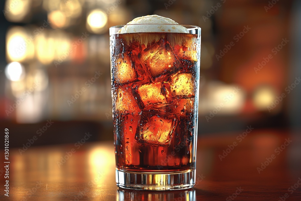Poster a refreshing cola drink with ice cubes and a frothy top, condensation glistening on the glass, creat