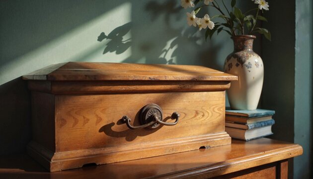 Vintage wooden box with decorative vase on wooden table