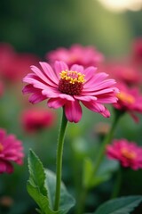 Obraz premium Pink zinnia stems swaying gently in the breeze, leaves, bloom, pink