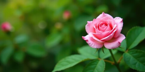 Single delicate pink rose blooming in a garden among lush greenery, nature, roses