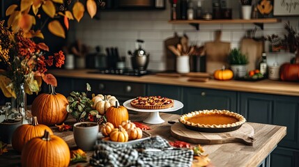 Rustic kitchen with a pumpkin pie and baking ingredients on a wooden table, illuminated by warm light. Generative AI