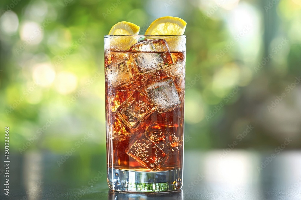Poster refreshing iced drink with cola, ice cubes and lemon slices in a tall glass, bokeh background creati