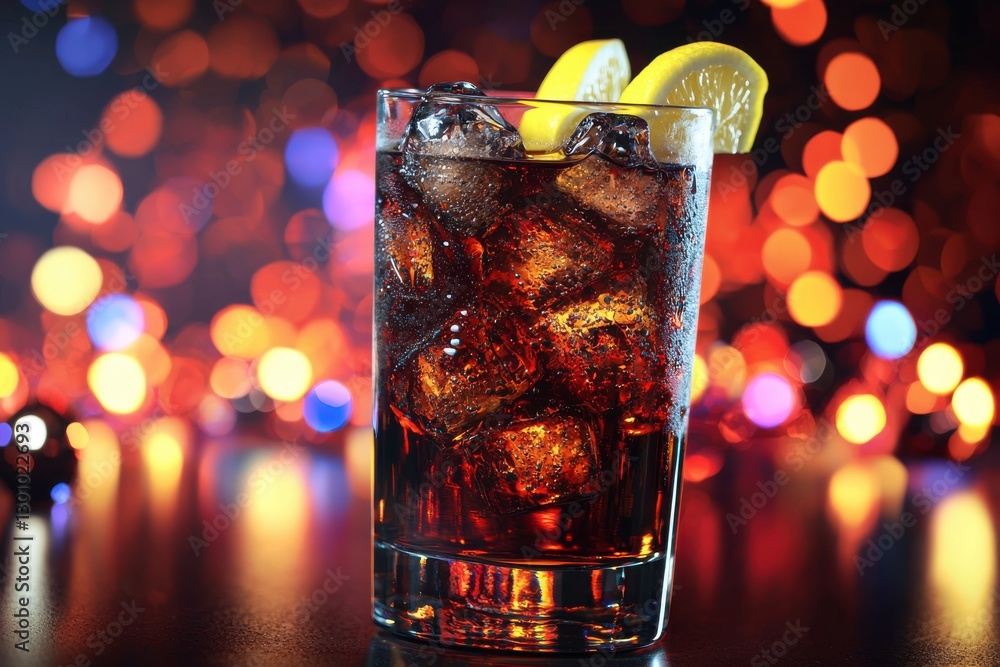 Poster refreshing cocktail with cola, ice cubes, and lemon slices, a perfect blend of flavors in a glass, s