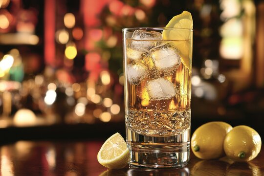 Elegant whiskey highball with lemon and ice, set against a blurred bar backdrop, showcasing a sophisticated atmosphere and premium cocktail culture.